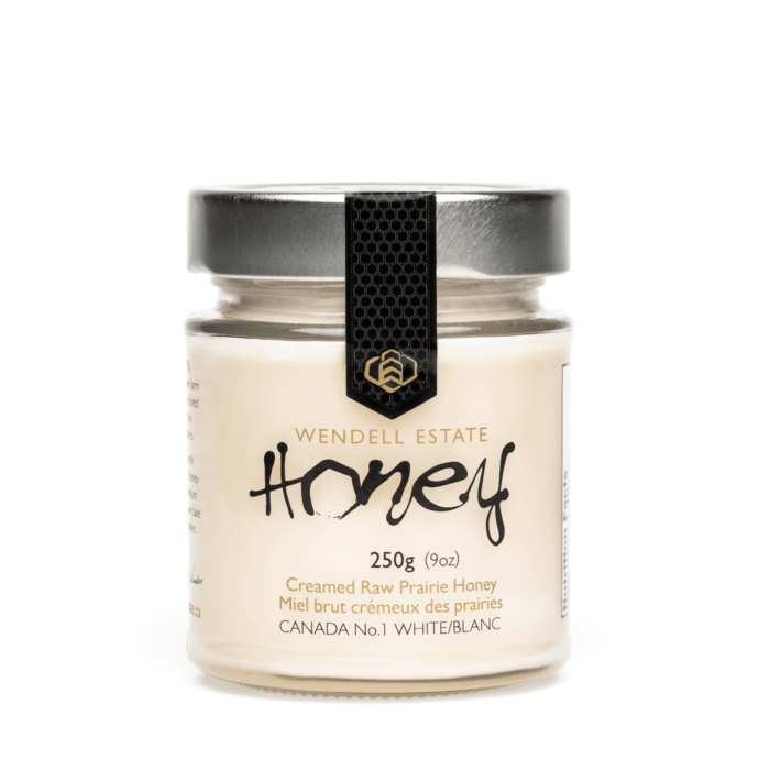 250g gourmet raw honey from the Canadian prairies! Silky-smooth white honey in an elegant Italian glass jar