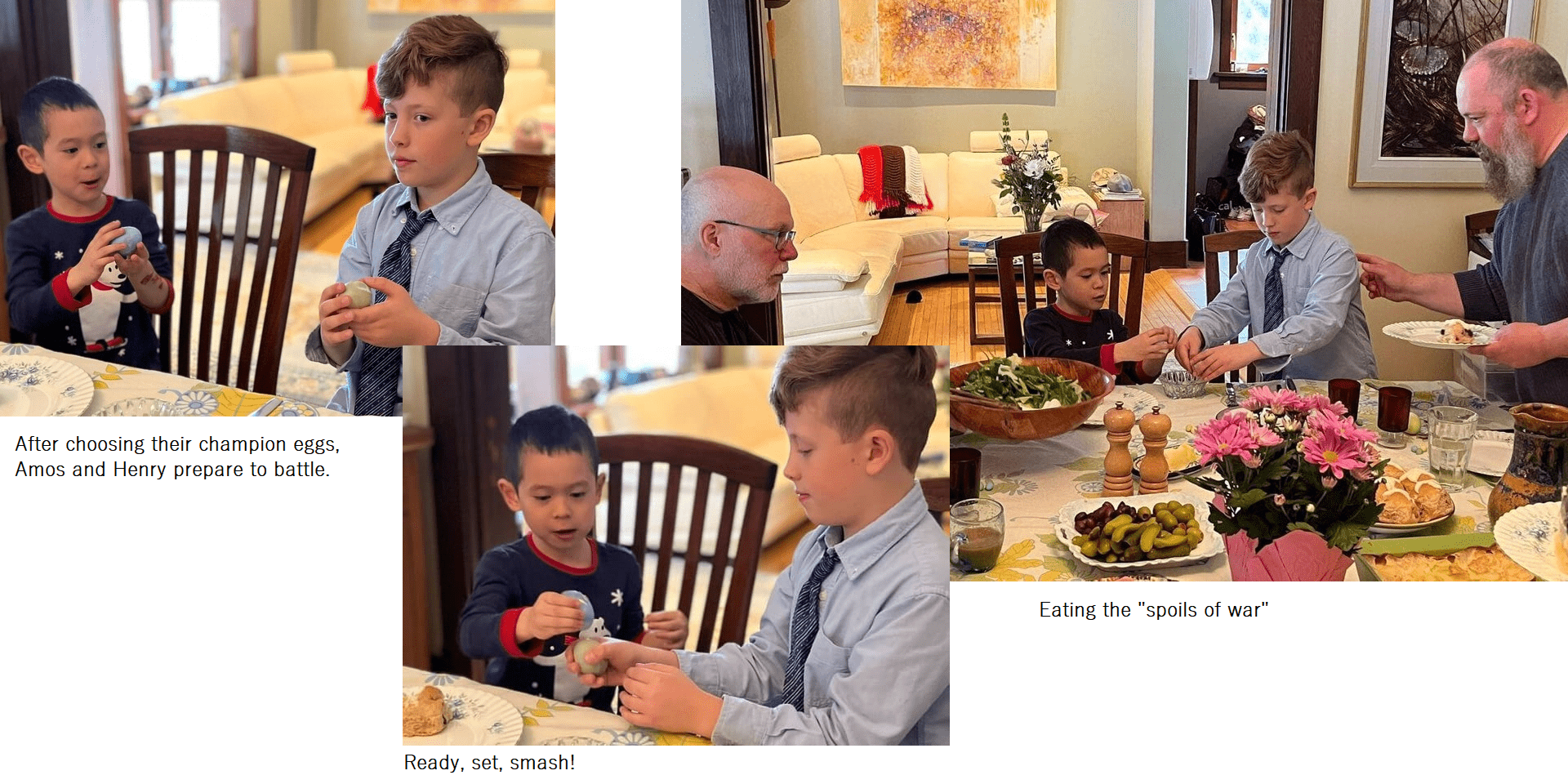 Henry and Amos smash coloured eggs at Easter dinner